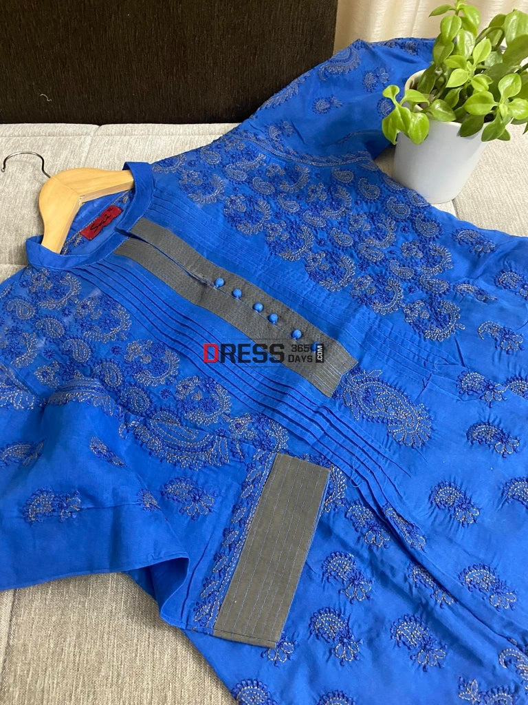 Royal Blue Fine Chikankari Cotton Short Kurti (Size-L)