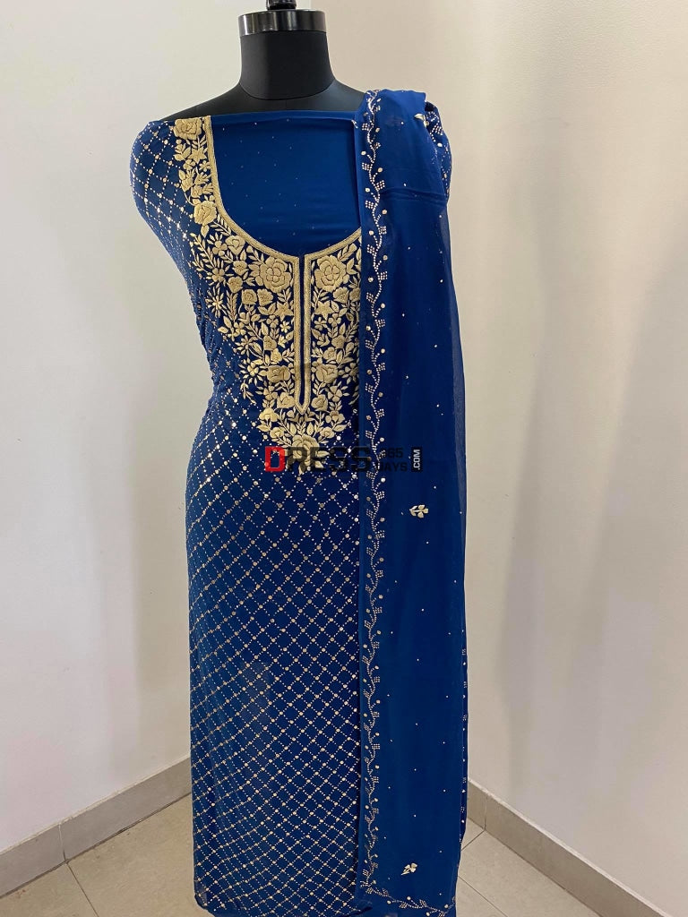Royal Blue & Gold Embroidery Kamdani Suit Chikankari Suits