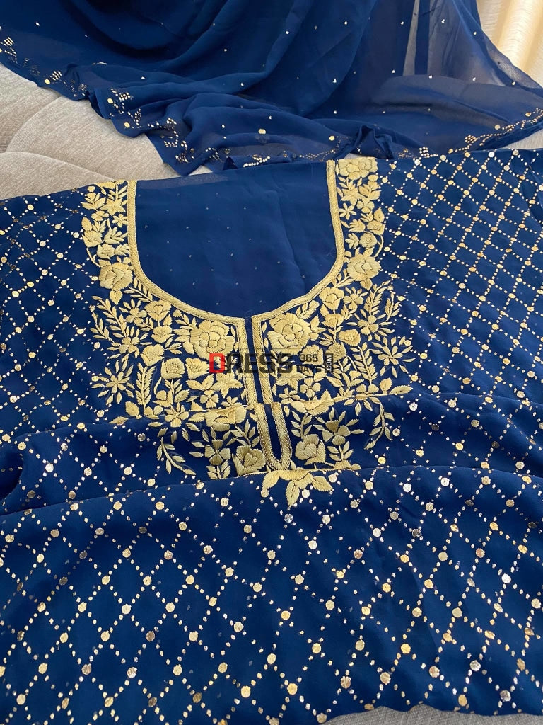 Royal Blue & Gold Embroidery Kamdani Suit Chikankari Suits