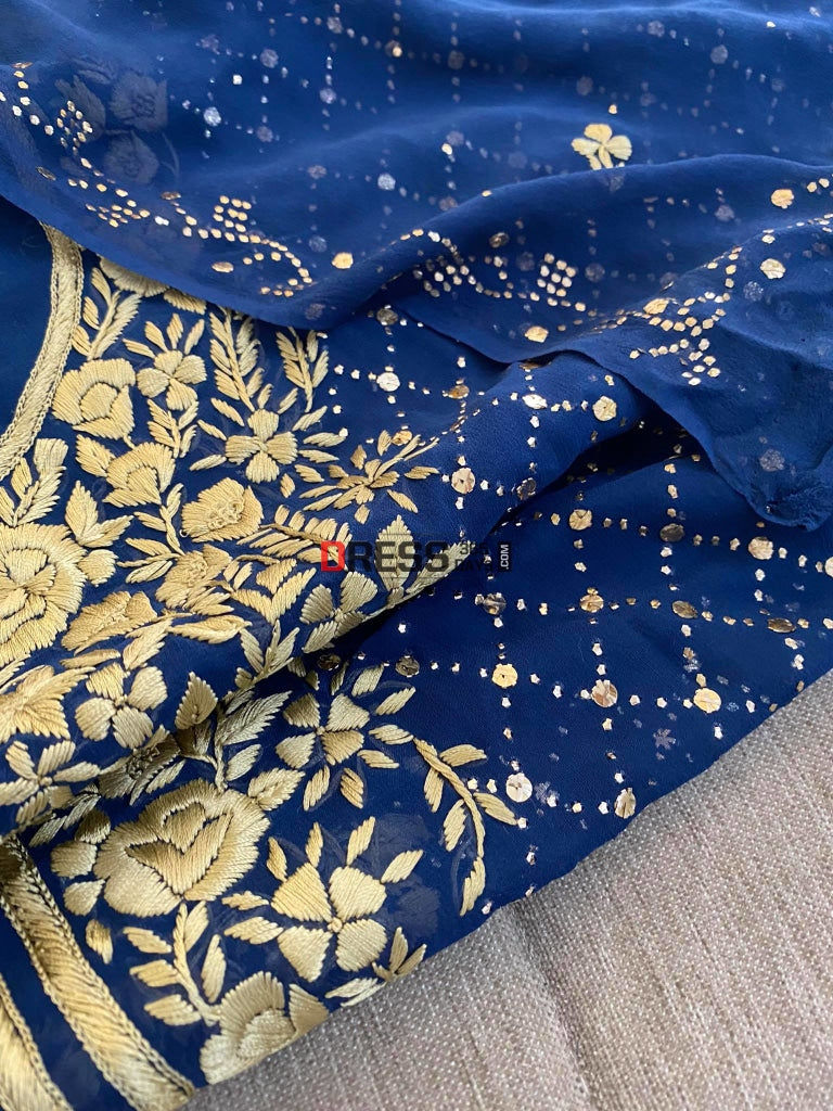 Royal Blue & Gold Embroidery Kamdani Suit Chikankari Suits