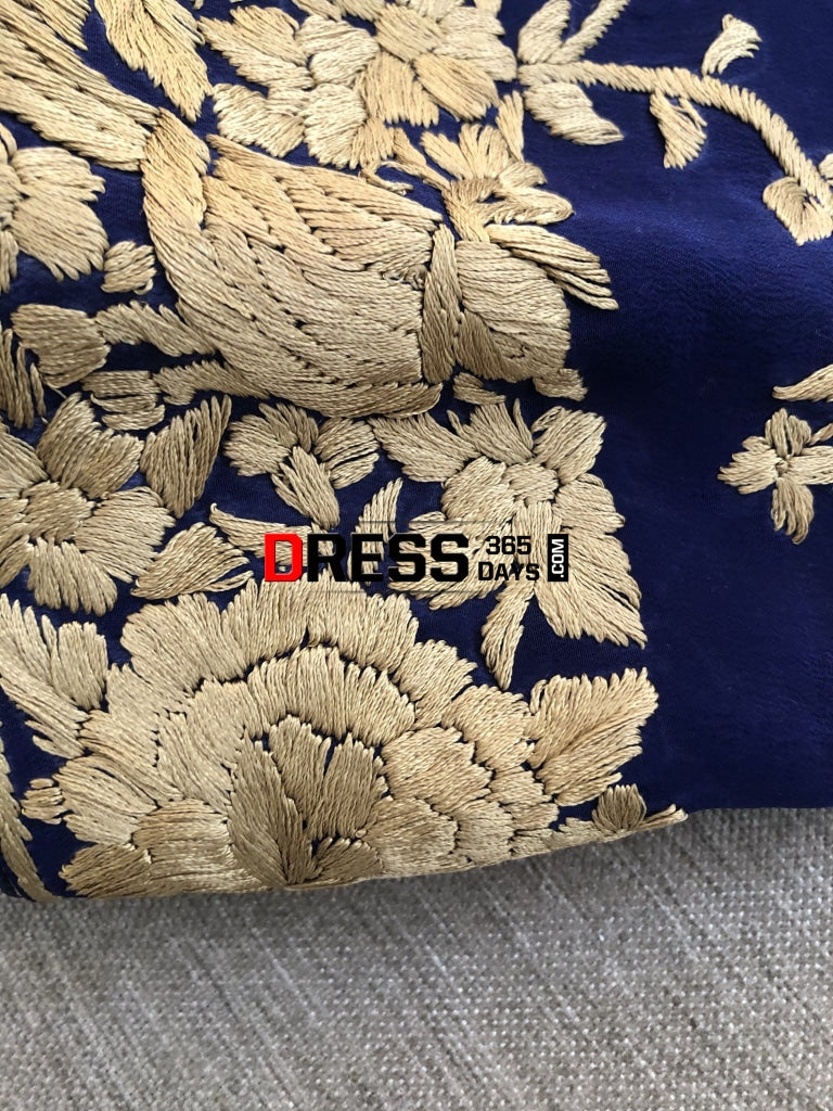 Royal Blue & Gold Parsi Gara Hand Embroidered Suit (Three Piece) Suits