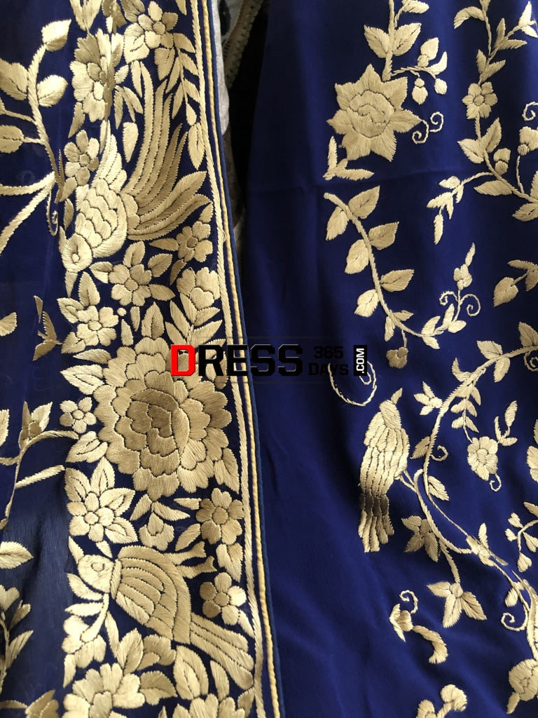 Royal Blue & Gold Parsi Gara Hand Embroidered Suit (Three Piece) Suits