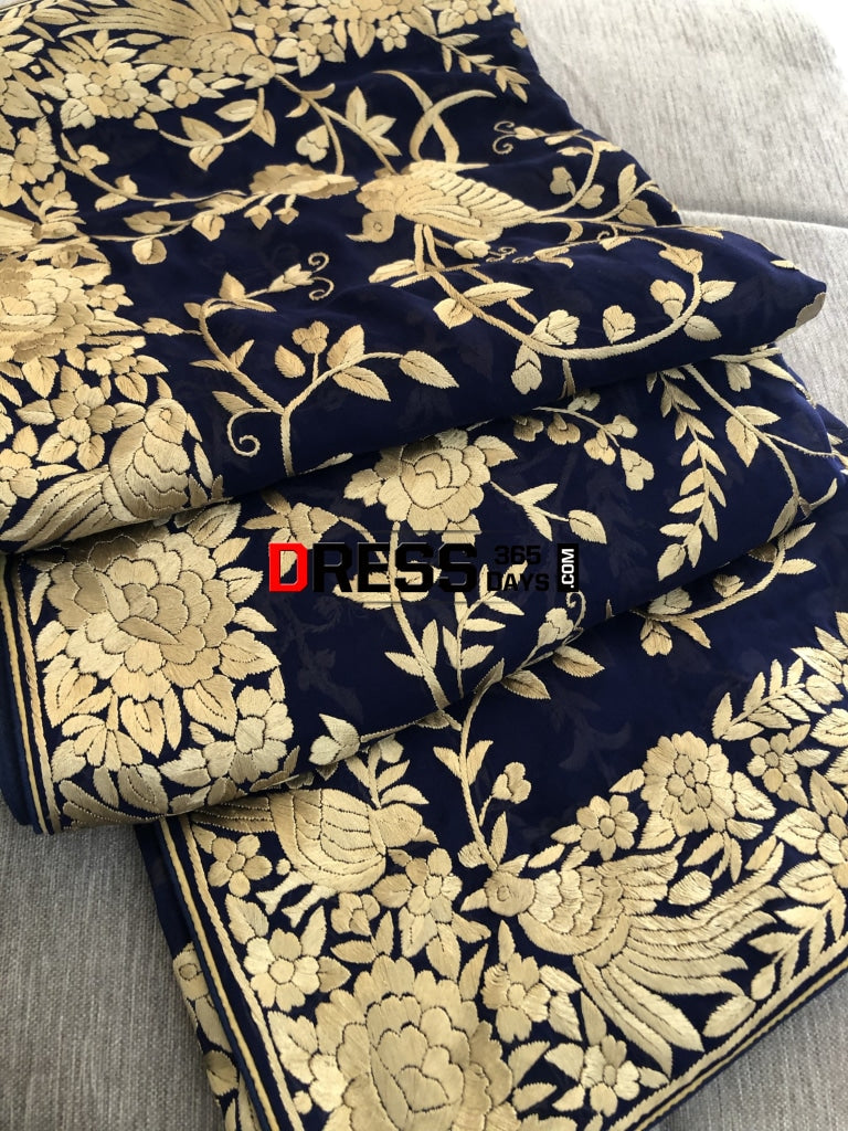 Royal Blue & Gold Parsi Gara Hand Embroidered Suit (Three Piece) Suits
