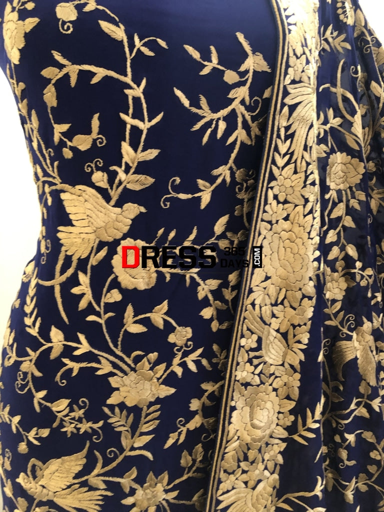 Royal Blue & Gold Parsi Gara Hand Embroidered Suit (Three Piece) Suits