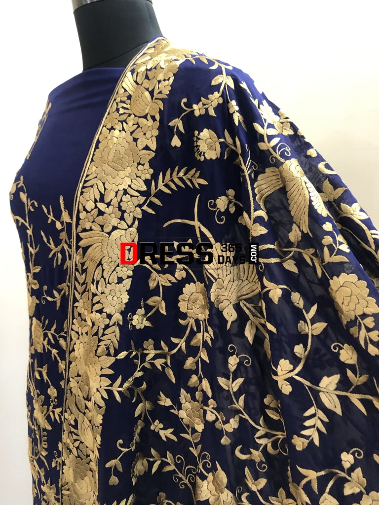 Royal Blue & Gold Parsi Gara Hand Embroidered Suit (Three Piece) Suits