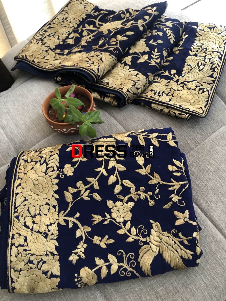 Royal Blue & Gold Parsi Gara Hand Embroidered Suit (Three Piece) Suits