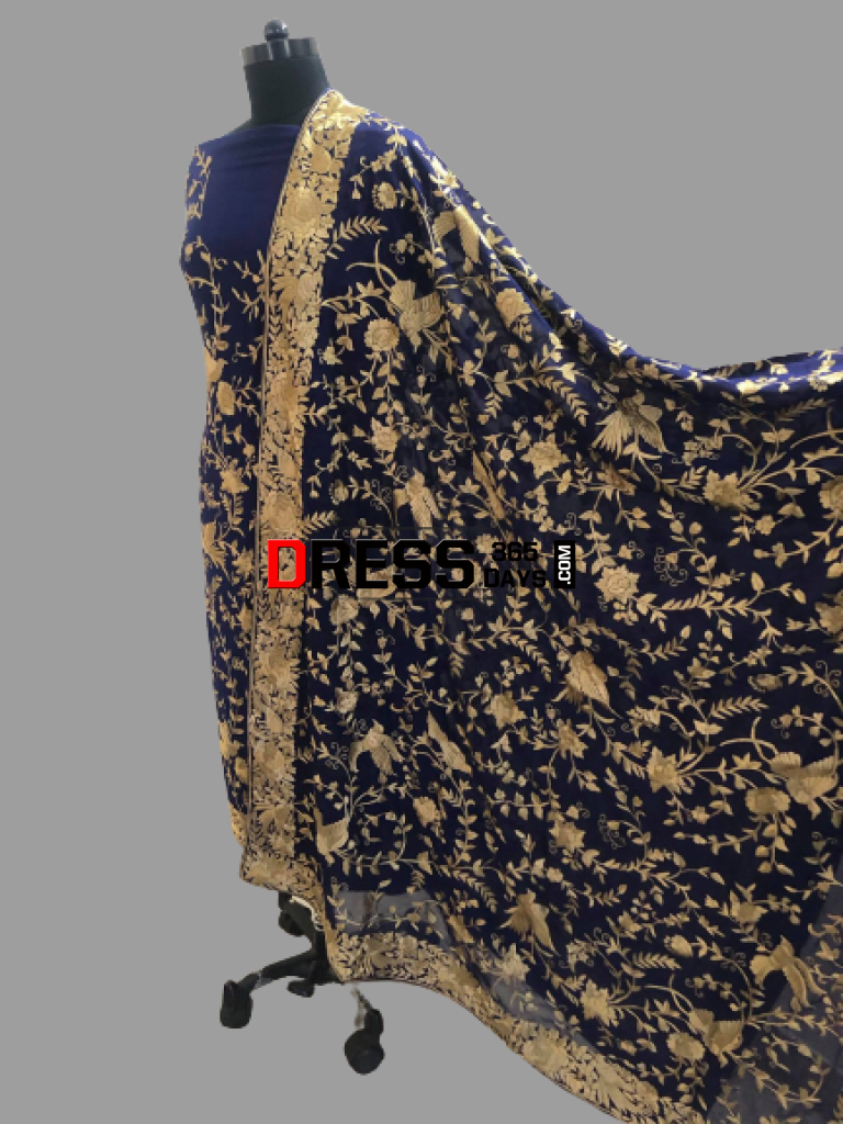 Royal Blue & Gold Parsi Gara Hand Embroidered Suit (Three Piece) Suits