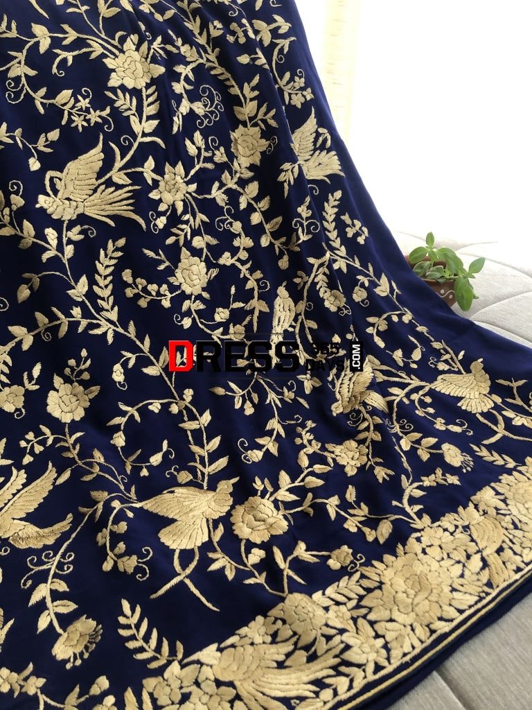 Royal Blue & Gold Parsi Gara Hand Embroidered Suit (Three Piece) Suits