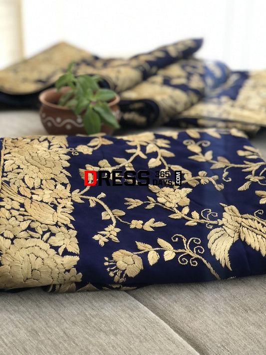 Royal Blue & Gold Parsi Gara Hand Embroidered Suit (Three Piece) Suits