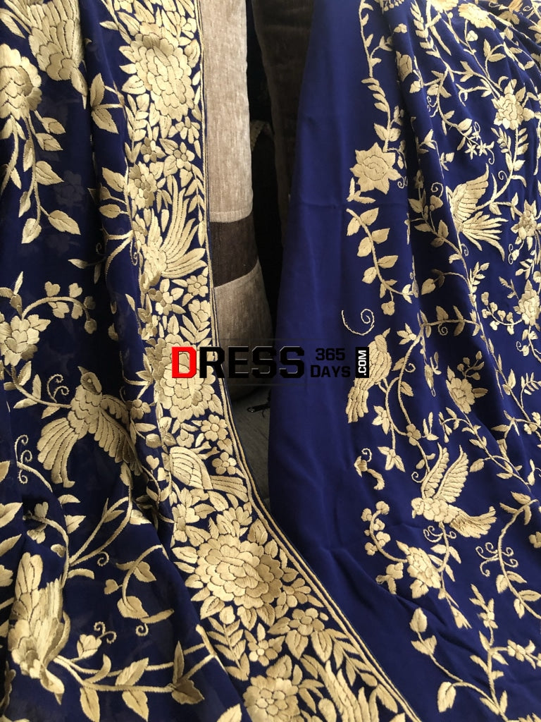Royal Blue & Gold Parsi Gara Hand Embroidered Suit (Three Piece) Suits