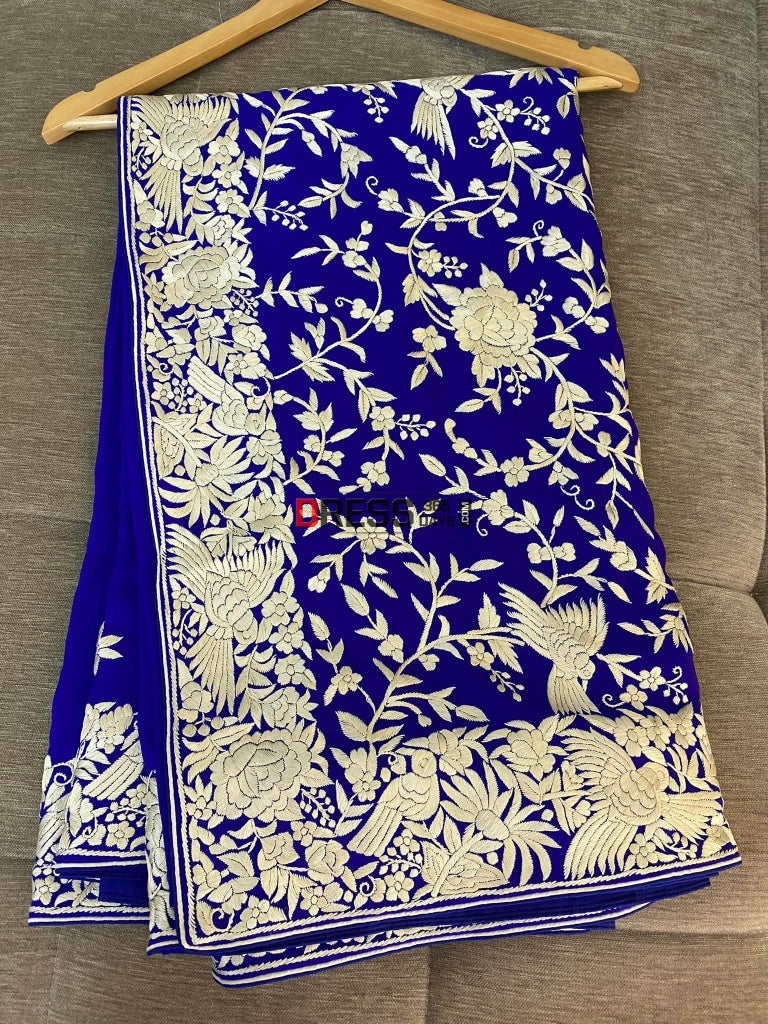 Royal Blue & Ivory Parsi Gara Saree