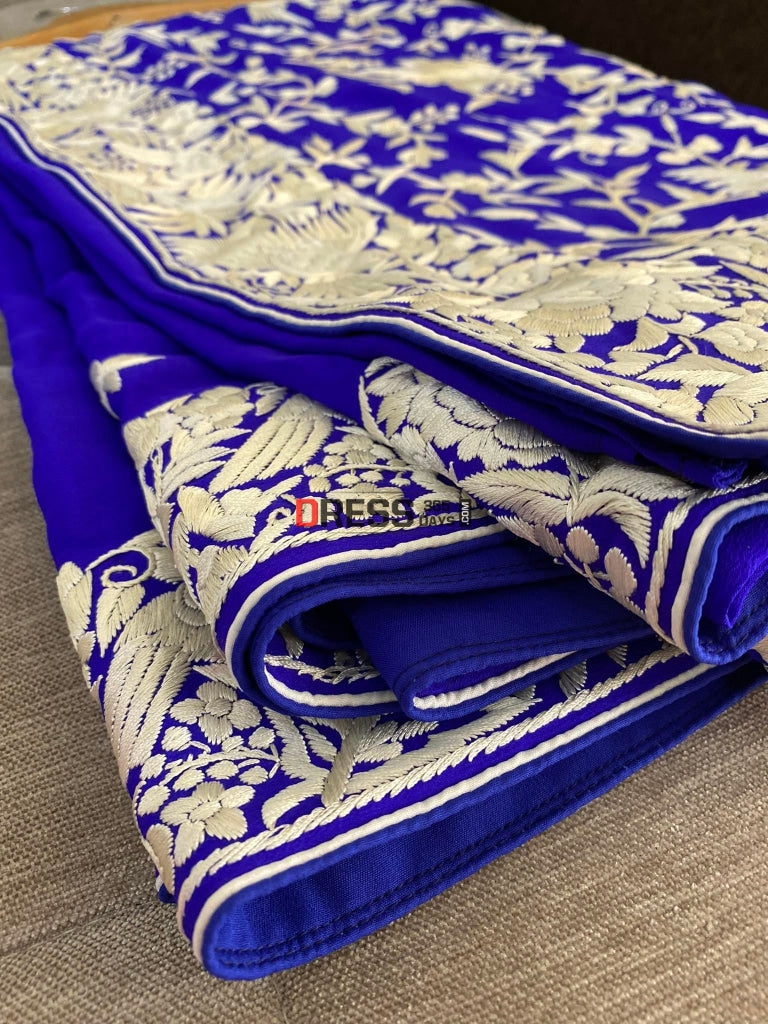Royal Blue & Ivory Parsi Gara Saree