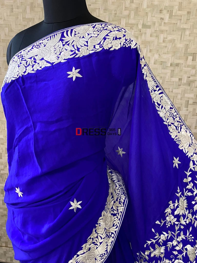 Royal Blue & Ivory Parsi Gara Saree