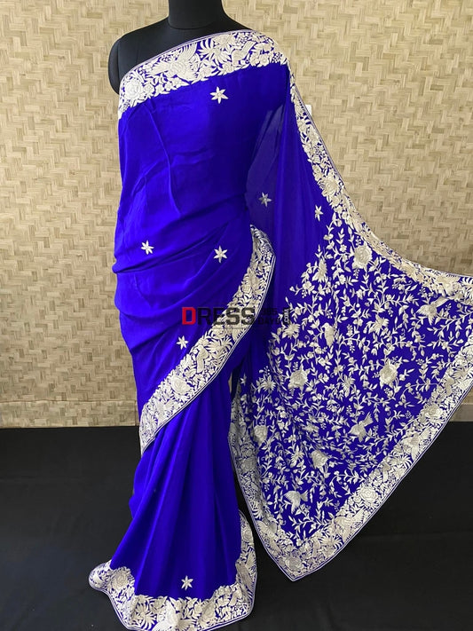 Royal Blue & Ivory Parsi Gara Saree