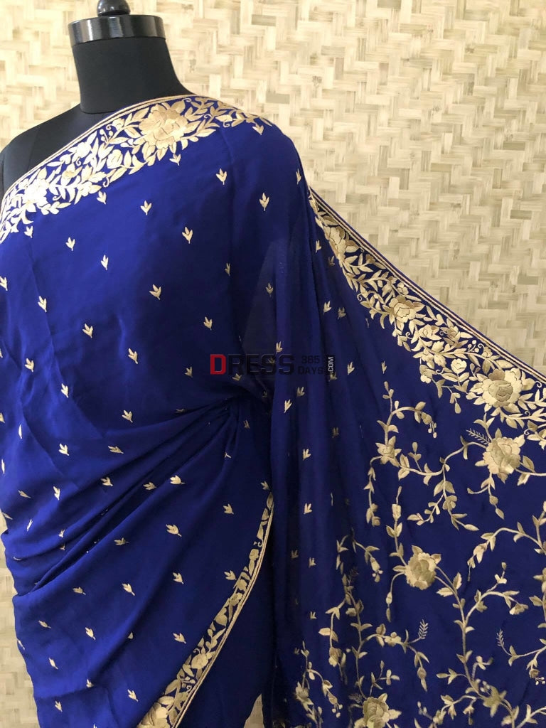 Royal Blue & Ivory Parsi Gara Saree - Crepe Silk