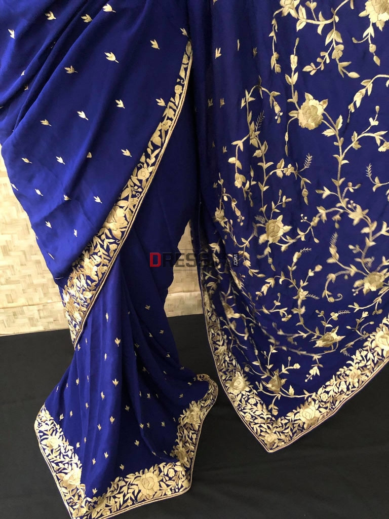 Royal Blue & Ivory Parsi Gara Saree - Crepe Silk