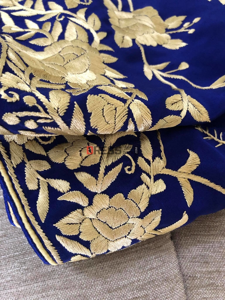 Royal Blue & Ivory Parsi Gara Saree - Crepe Silk