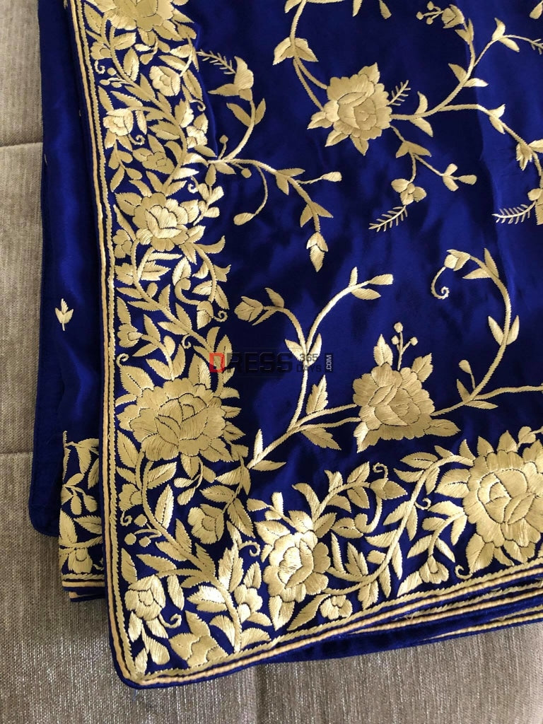 Royal Blue & Ivory Parsi Gara Saree - Crepe Silk