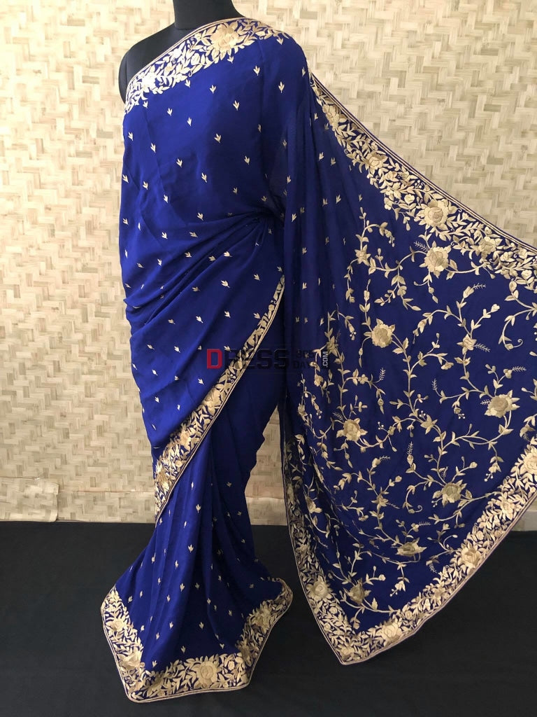 Royal Blue & Ivory Parsi Gara Saree - Crepe Silk