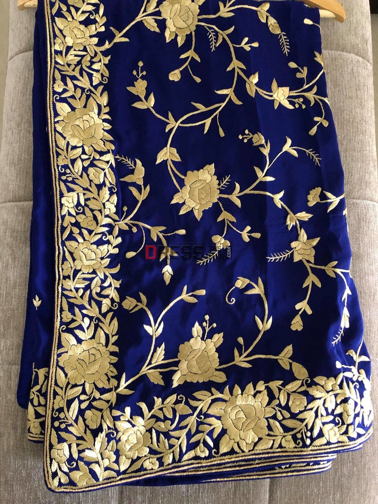 Royal Blue & Ivory Parsi Gara Saree - Crepe Silk