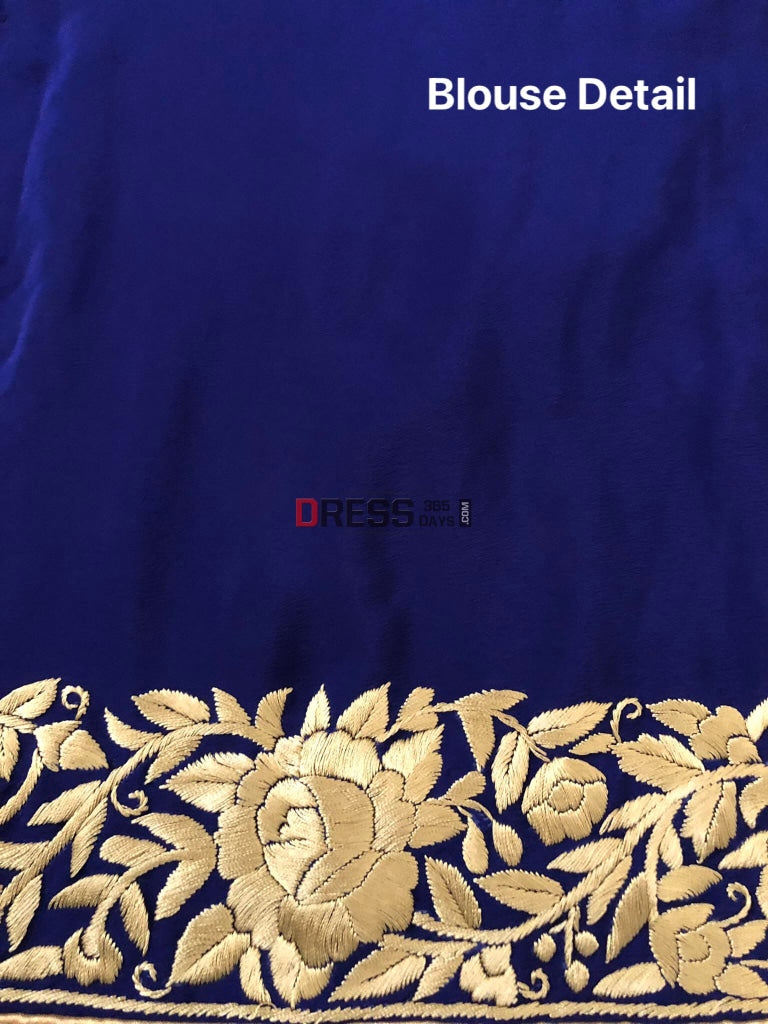 Royal Blue & Ivory Parsi Gara Saree - Crepe Silk