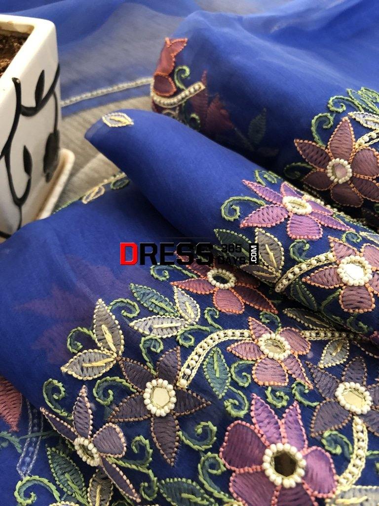 Royal Blue Organza Beads Chikankari Suit Suits