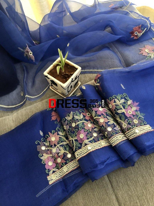 Royal Blue Organza Beads Chikankari Suit Suits