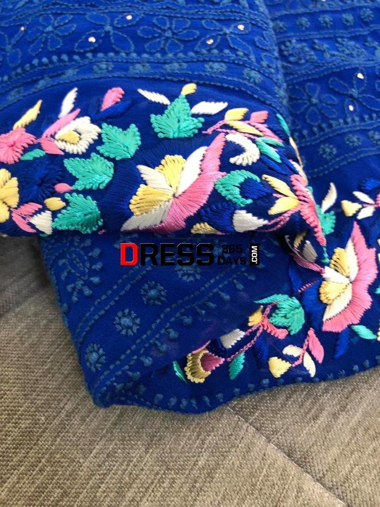 Royal Blue Parsi Gara Chikankari Kurti Fabric
