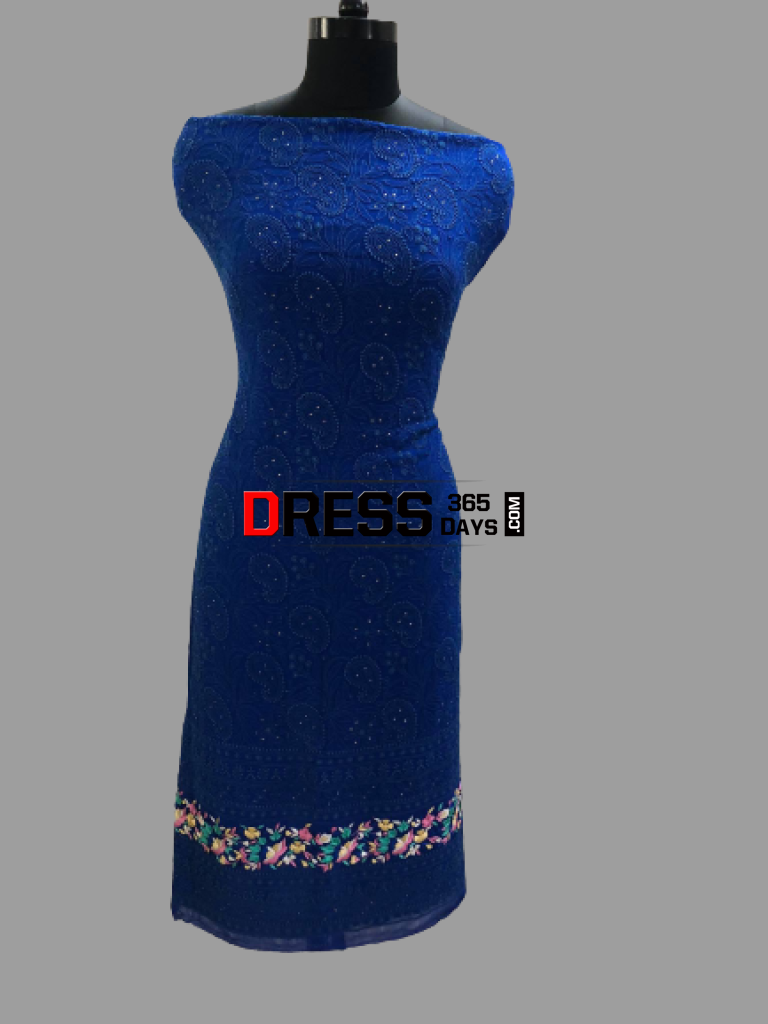 Royal Blue Parsi Gara Chikankari Kurti Fabric