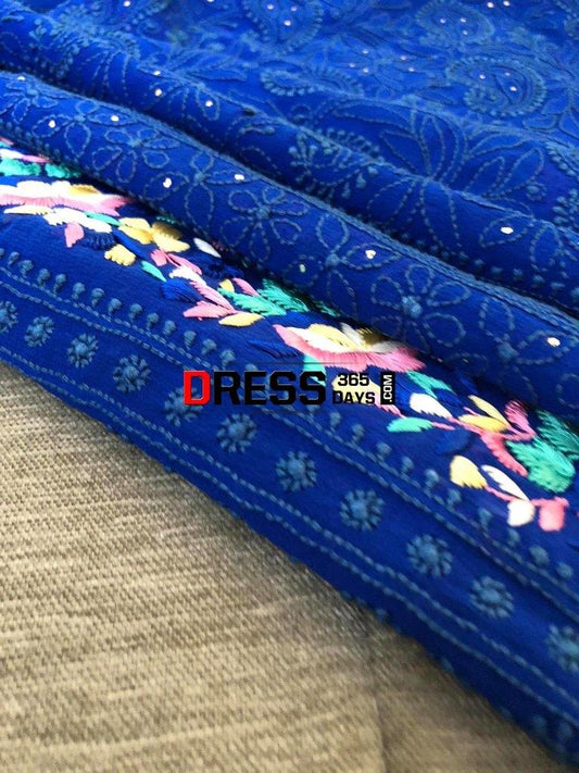 Royal Blue Parsi Gara Chikankari Kurti Fabric