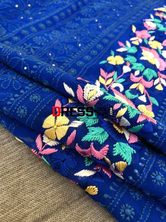 Royal Blue Parsi Gara Chikankari Kurti Fabric