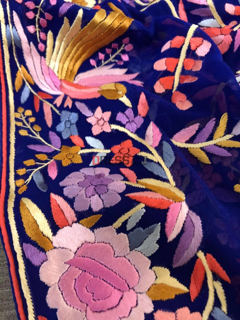 Royal Blue Parsi Gara Fine Embroidery Dupatta