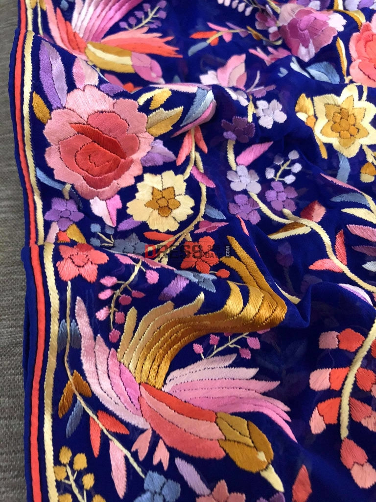 Royal Blue Parsi Gara Fine Embroidery Dupatta