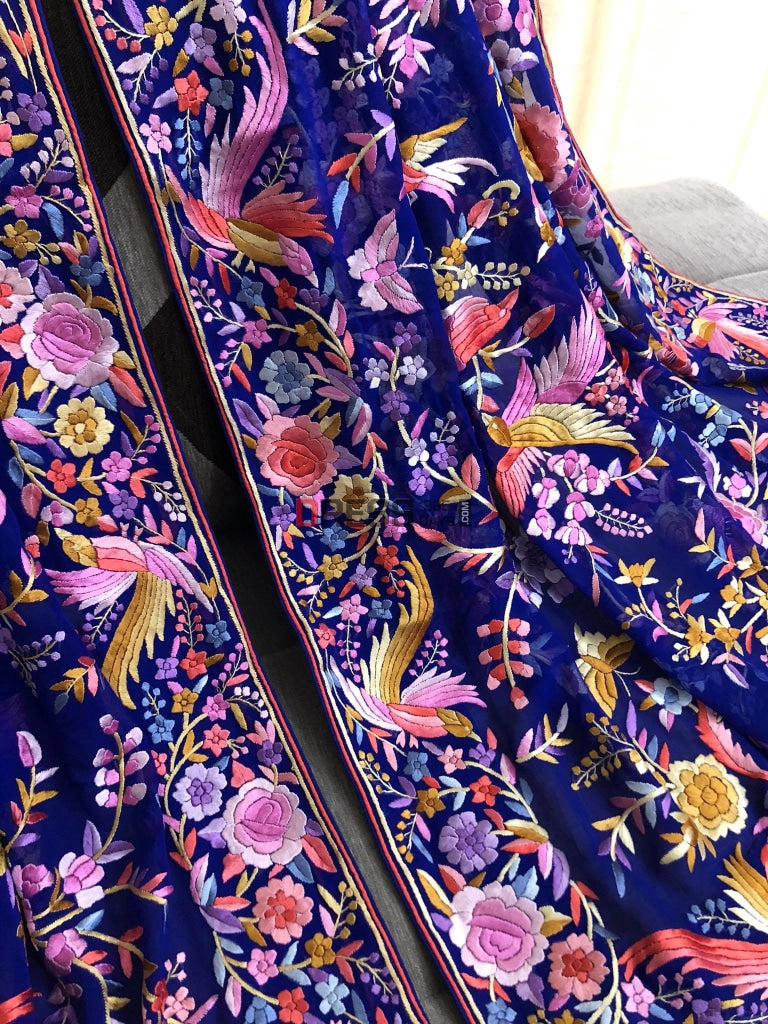 Royal Blue Parsi Gara Fine Embroidery Dupatta