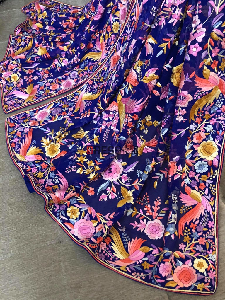 Royal Blue Parsi Gara Fine Embroidery Dupatta