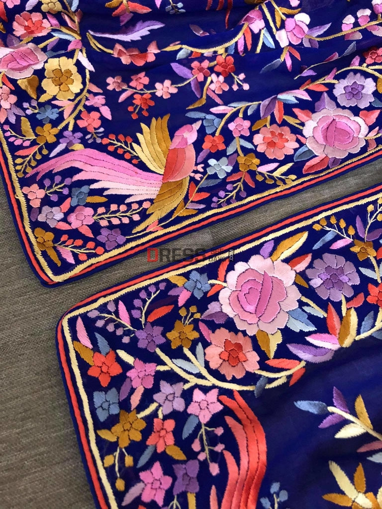 Royal Blue Parsi Gara Fine Embroidery Dupatta
