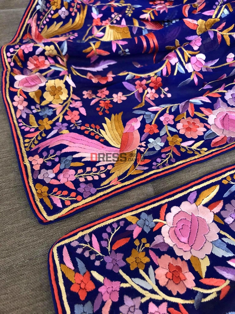 Royal Blue Parsi Gara Fine Embroidery Dupatta