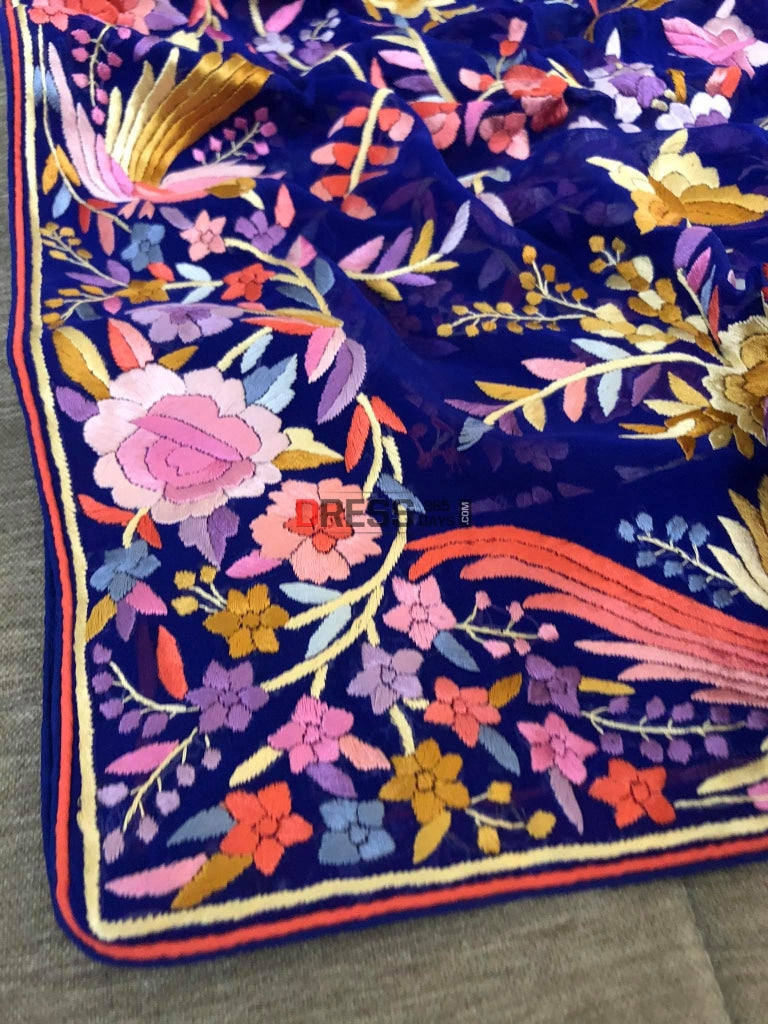 Royal Blue Parsi Gara Fine Embroidery Dupatta