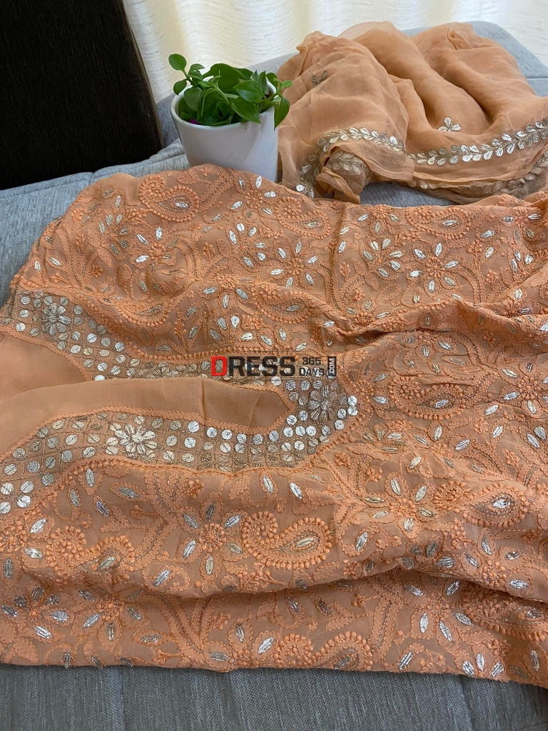 Rust Chikankari Gota Patti Neckline Kurta Dupatta Set Suits