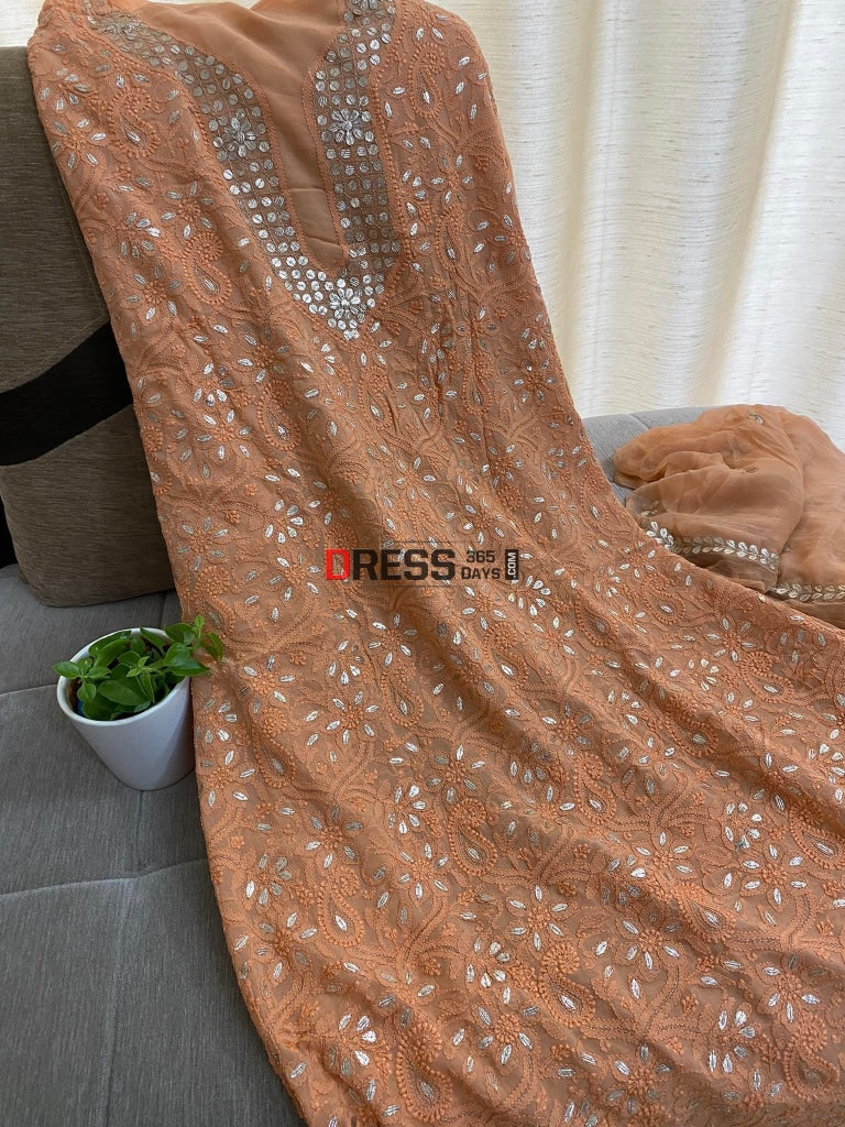 Rust Chikankari Gota Patti Neckline Kurta Dupatta Set Suits