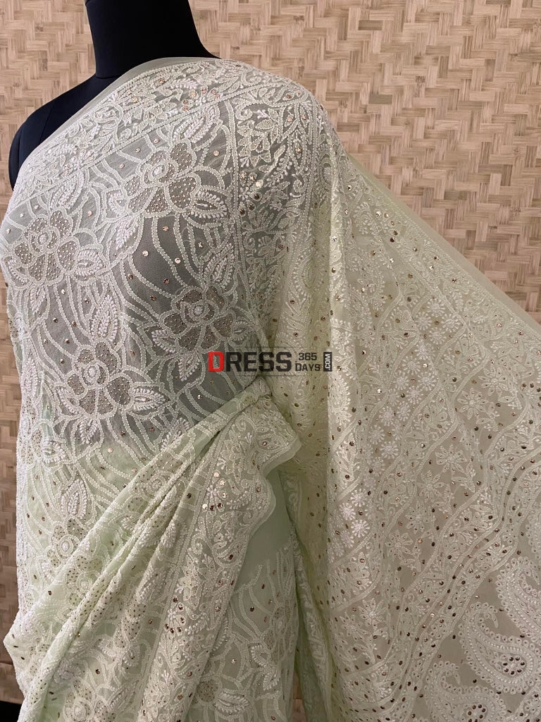 Sage Green Chikankari Mukaish Saree