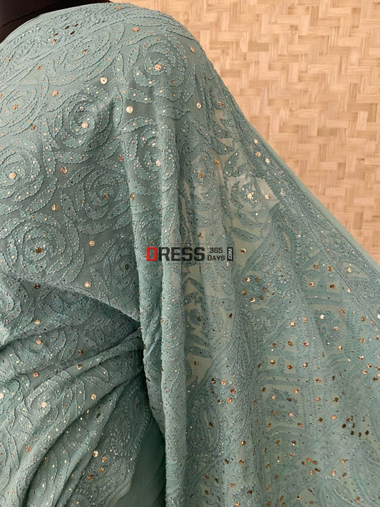 Sage Green Chikankari & Mukaish Saree