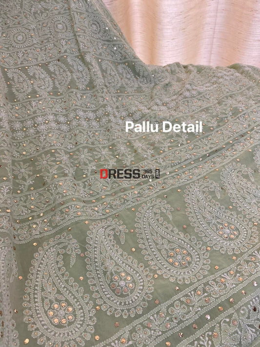 Sage Green Chikankari Mukaish Saree