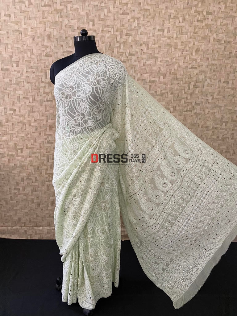 Sage Green Chikankari Mukaish Saree