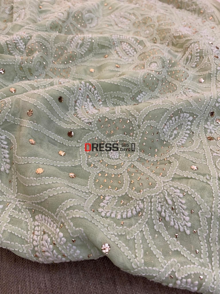 Sage Green Chikankari Mukaish Saree
