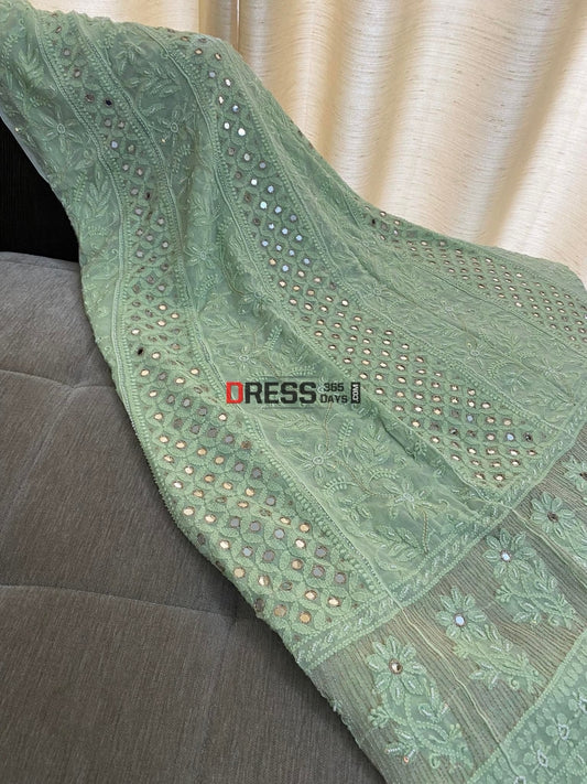 Sage Green Mirror & Pearl Anarkali Suit Chikankari