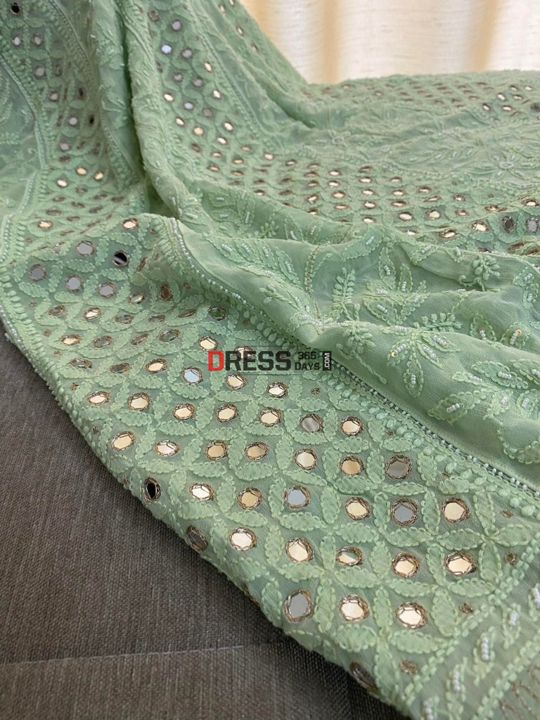 Sage Green Mirror & Pearl Anarkali Suit Chikankari