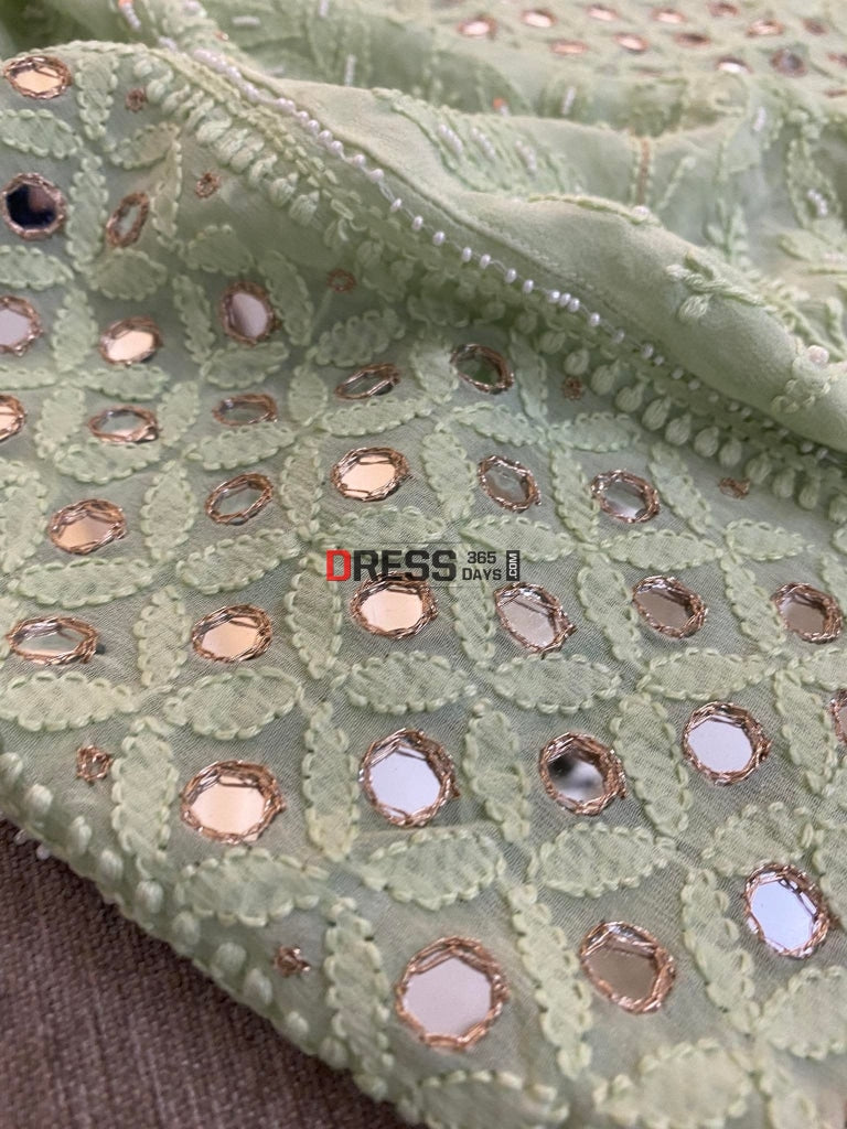 Sage Green Mirror & Pearl Anarkali Suit Chikankari