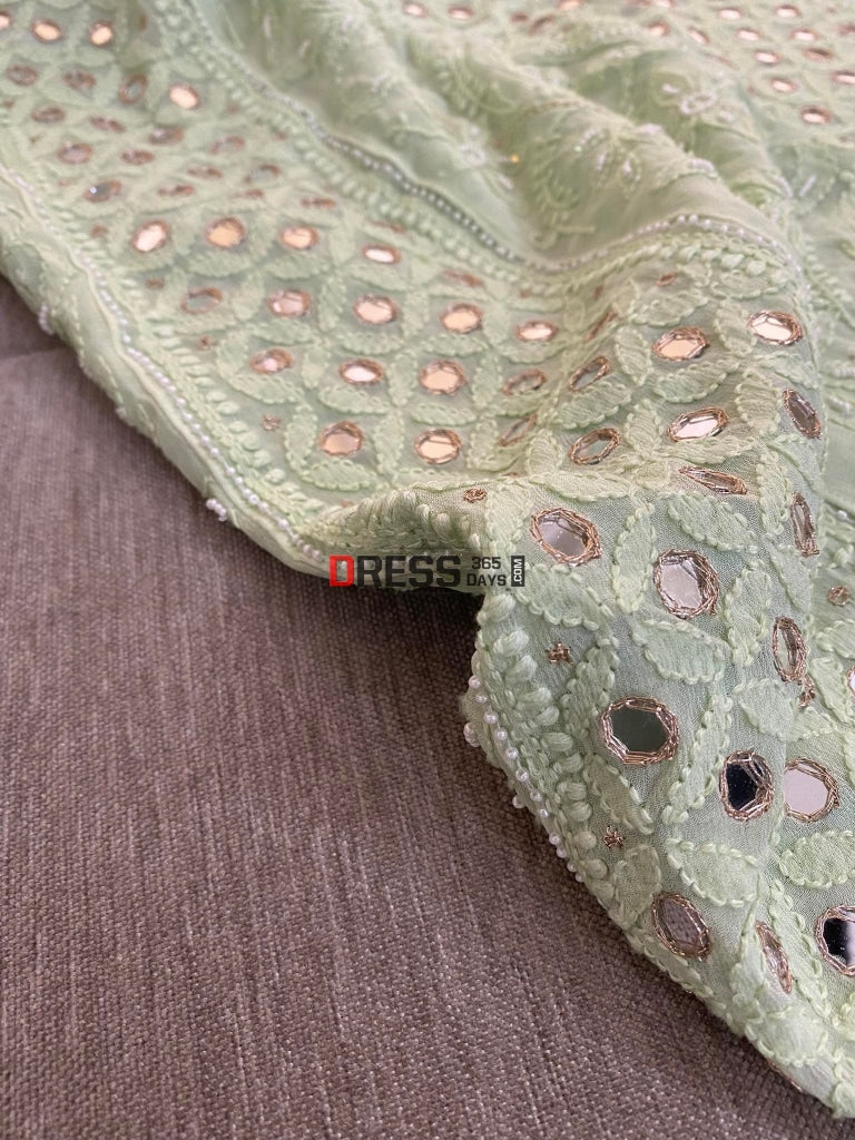Sage Green Mirror & Pearl Anarkali Suit Chikankari