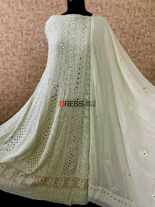 Sage Green Mirror & Pearl Anarkali Suit Chikankari